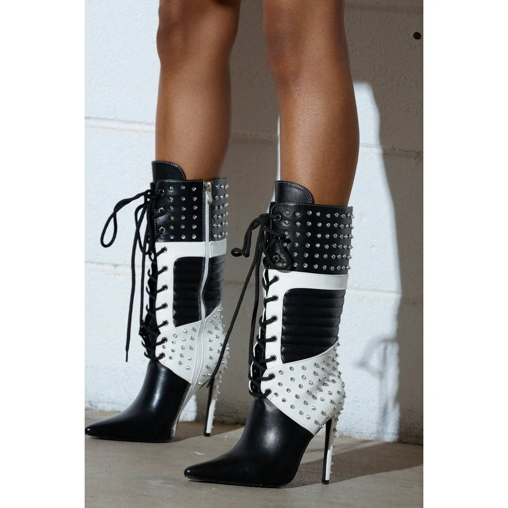 Azalea Wang Studded Lace Up Mid Calf Boots Black White Stiletto Heel Statement